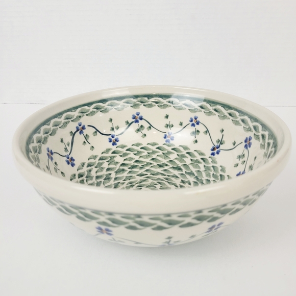Bolesławiec Polish Pottery~Lucky Blue Clover~Sage Green Floral Bowl~3"×7.5" - Picture 1 of 8